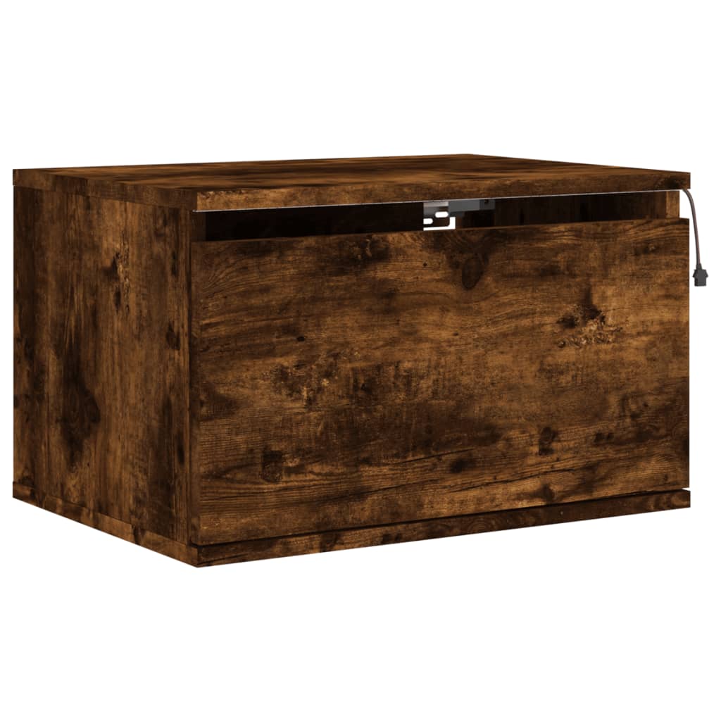 Smoked Oak Wall-mounted Bedside Cabinet with LED Lights