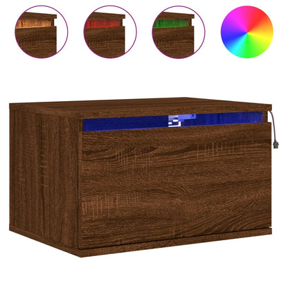 Brown Oak Wall-Mounted Bedside Cabinet with LED Lights