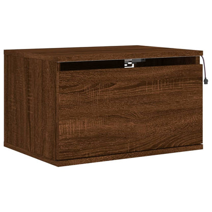 Brown Oak Wall-Mounted Bedside Cabinet with LED Lights