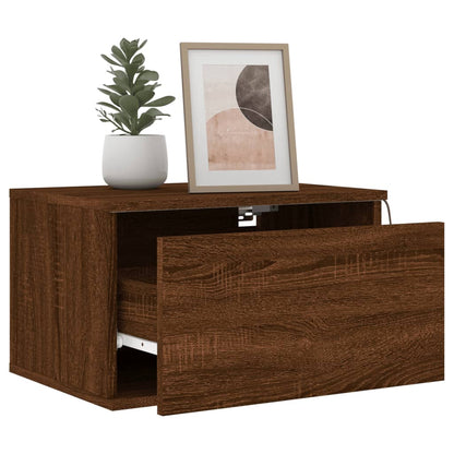 Brown Oak Wall-Mounted Bedside Cabinet with LED Lights