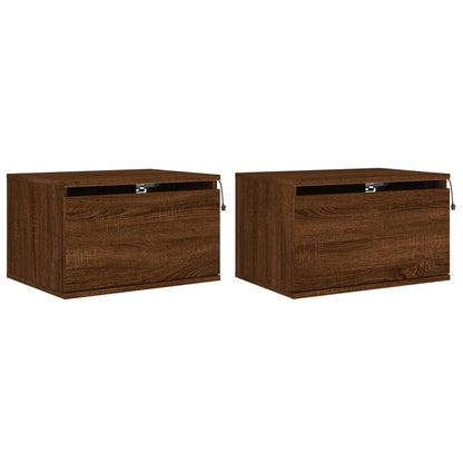 Brown Oak Wall-Mounted LED Bedside Cabinets - Set of 2