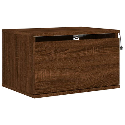 Brown Oak Wall-Mounted LED Bedside Cabinets - Set of 2