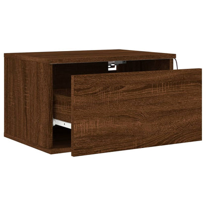 Brown Oak Wall-Mounted LED Bedside Cabinets - Set of 2