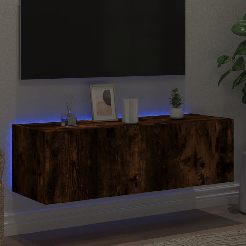 TV Wall Cabinet with LED Lights Smoked Oak 100x35x31 cm