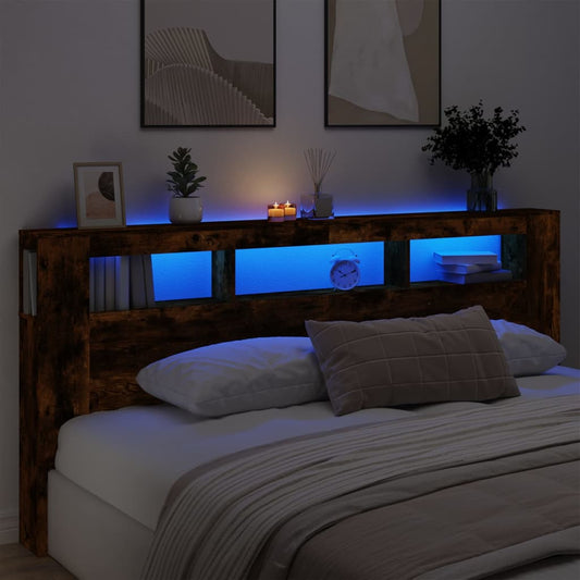 Smoked Oak LED Headboard - 220x18.5x103.5 cm, Engineered Wood