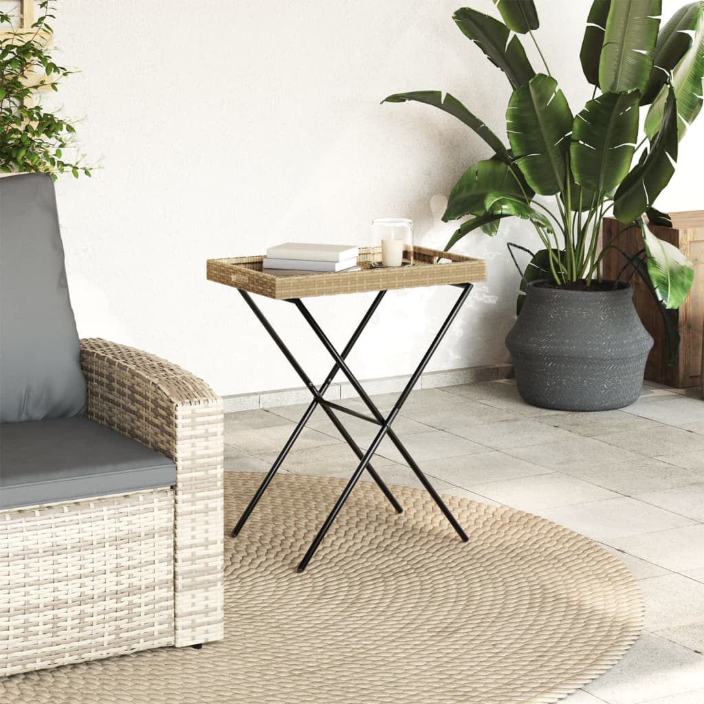 Folding Tray Table Beige 65x40x75 cm Poly Rattan