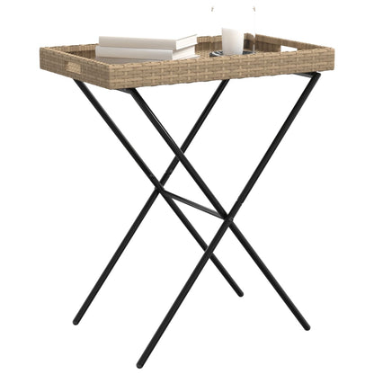 Folding Tray Table Beige 65x40x75 cm Poly Rattan