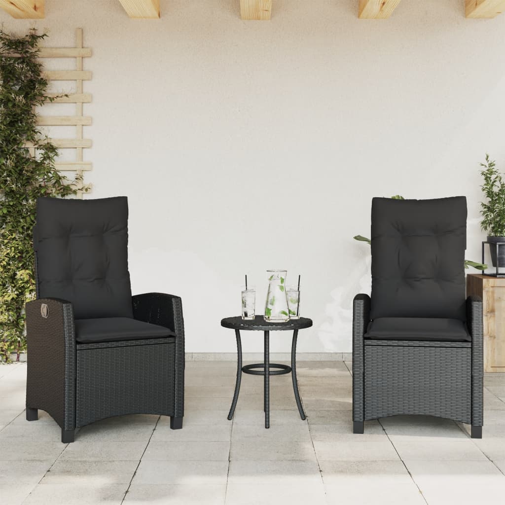 3 Piece Bistro Set with Cushions Black Poly Rattan