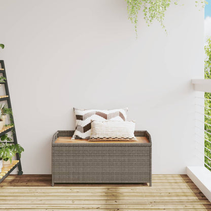 Grey Storage Bench 100x50x52 cm - Poly Rattan & Acacia Wood