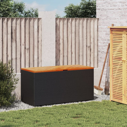 Black Poly Rattan & Acacia Garden Storage Box 110x50x54 cm