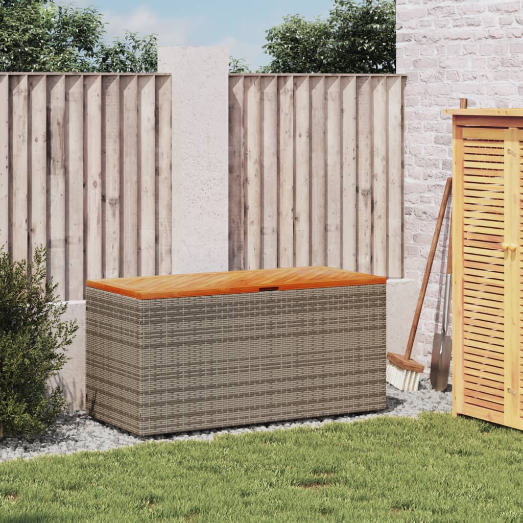 Grey Poly Rattan & Acacia Wood Garden Storage Box 110x50x54 cm
