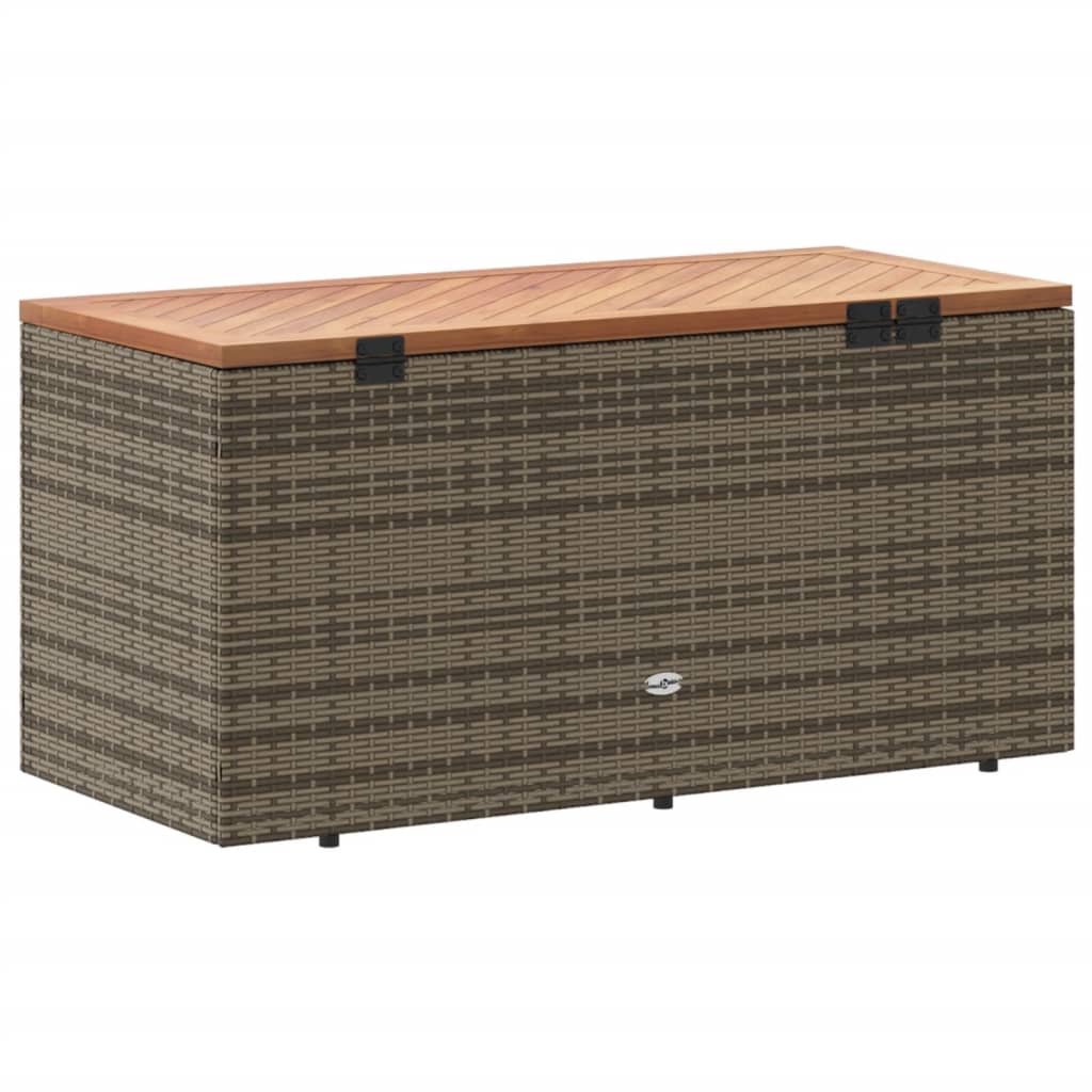 Grey Poly Rattan & Acacia Wood Garden Storage Box 110x50x54 cm