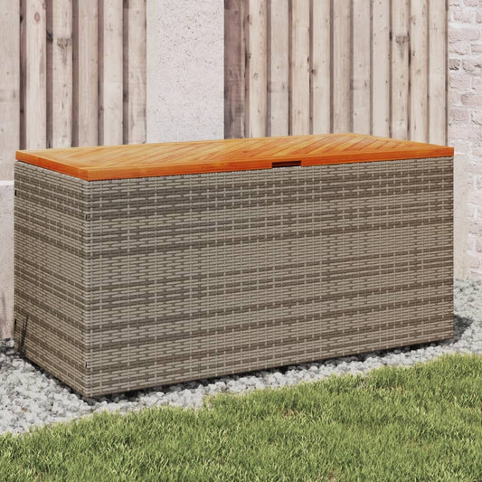 Grey Poly Rattan & Acacia Wood Garden Storage Box 110x50x54 cm