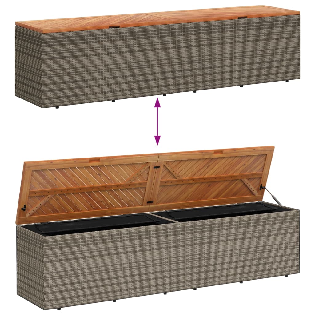 Grey Poly Rattan & Acacia Wood Garden Storage Box 220x50x54 cm