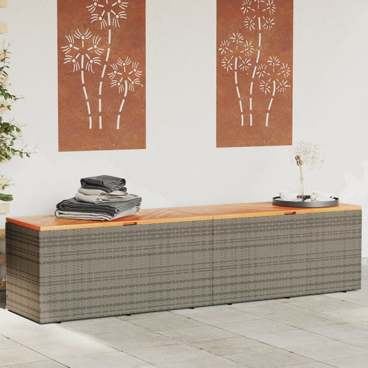 Grey Poly Rattan & Acacia Wood Garden Storage Box 220x50x54 cm