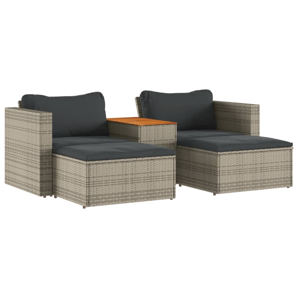 5 Piece Grey Poly Rattan & Acacia Garden Sofa Set with Cushions