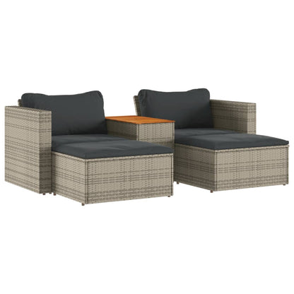 5 Piece Grey Poly Rattan & Acacia Garden Sofa Set with Cushions