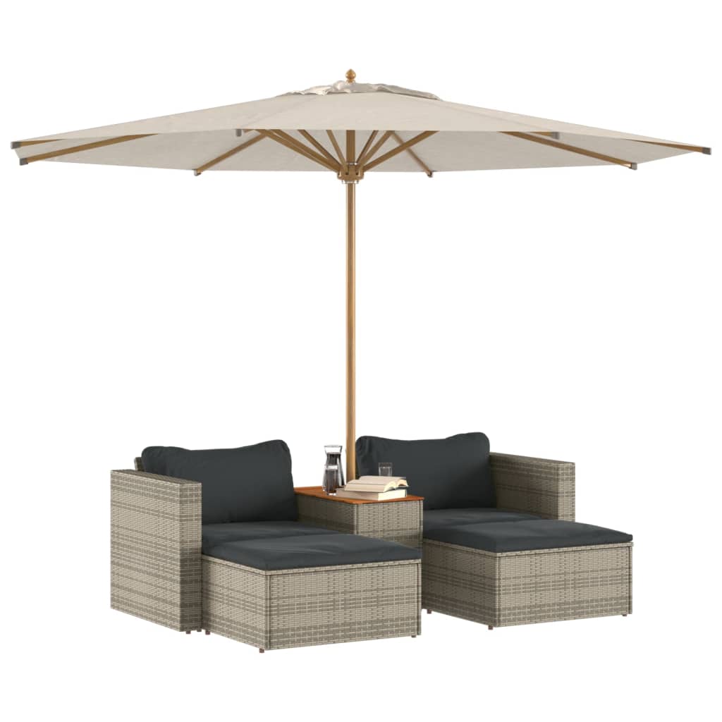 5 Piece Grey Poly Rattan & Acacia Garden Sofa Set with Cushions