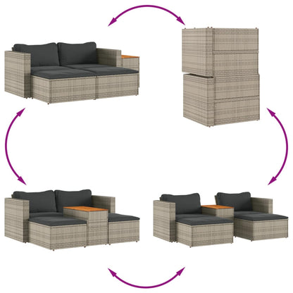 5 Piece Grey Poly Rattan & Acacia Garden Sofa Set with Cushions