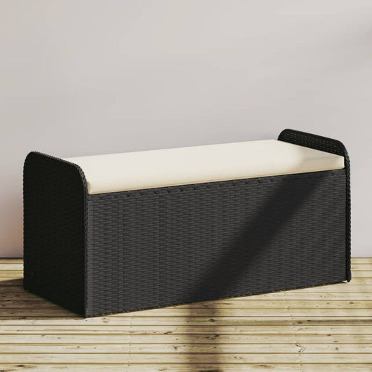 Black Poly Rattan Storage Bench with Cushion 115x51x52 cm