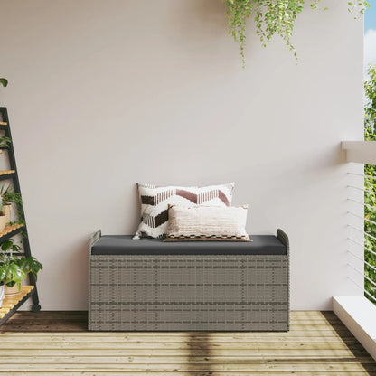Grey Poly Rattan Storage Bench with Cushion - 115x51x52 cm