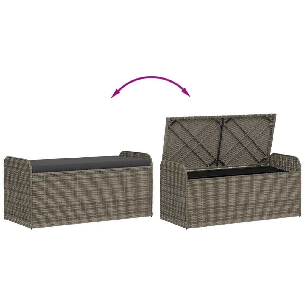Grey Poly Rattan Storage Bench with Cushion - 115x51x52 cm