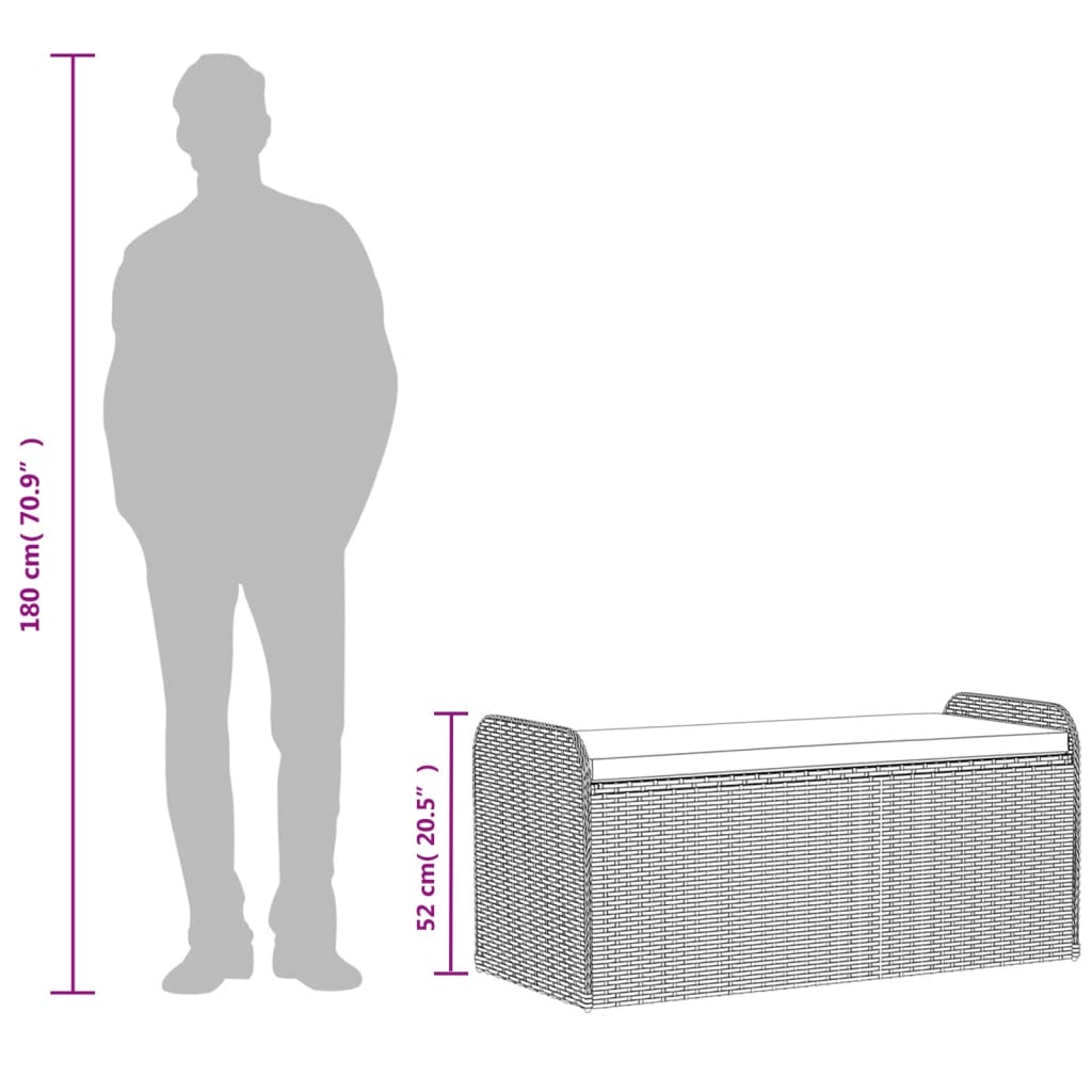 Grey Poly Rattan Storage Bench with Cushion - 115x51x52 cm