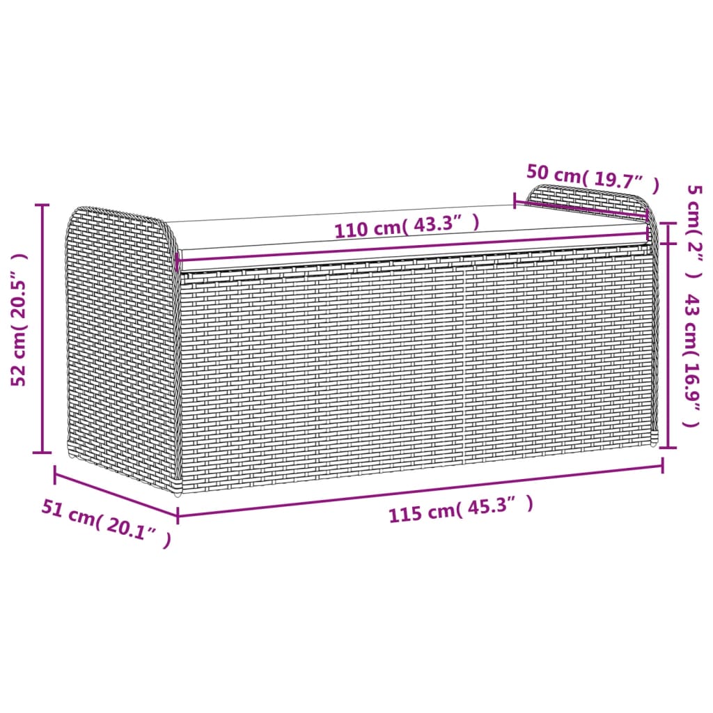 Grey Poly Rattan Storage Bench with Cushion - 115x51x52 cm