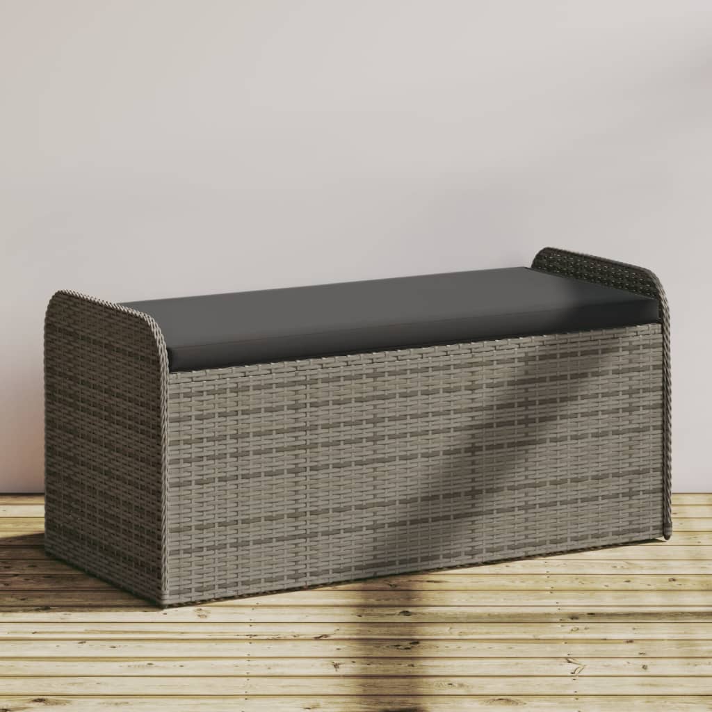 Grey Poly Rattan Storage Bench with Cushion - 115x51x52 cm