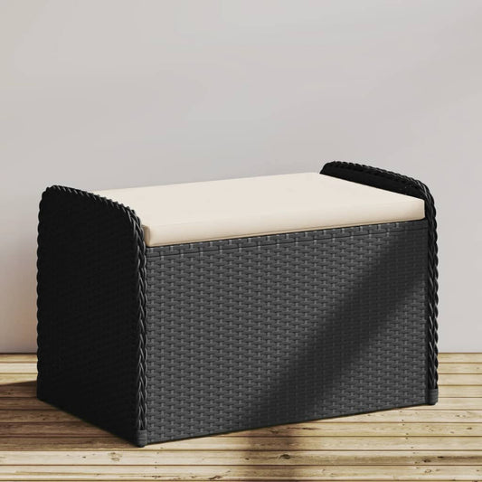 Black Poly Rattan Storage Bench with Cushion 80x51x52 cm