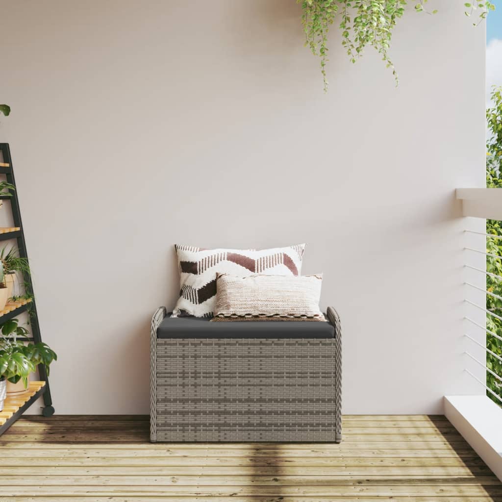 Grey Poly Rattan Storage Bench with Cushion - 80x51x52 cm