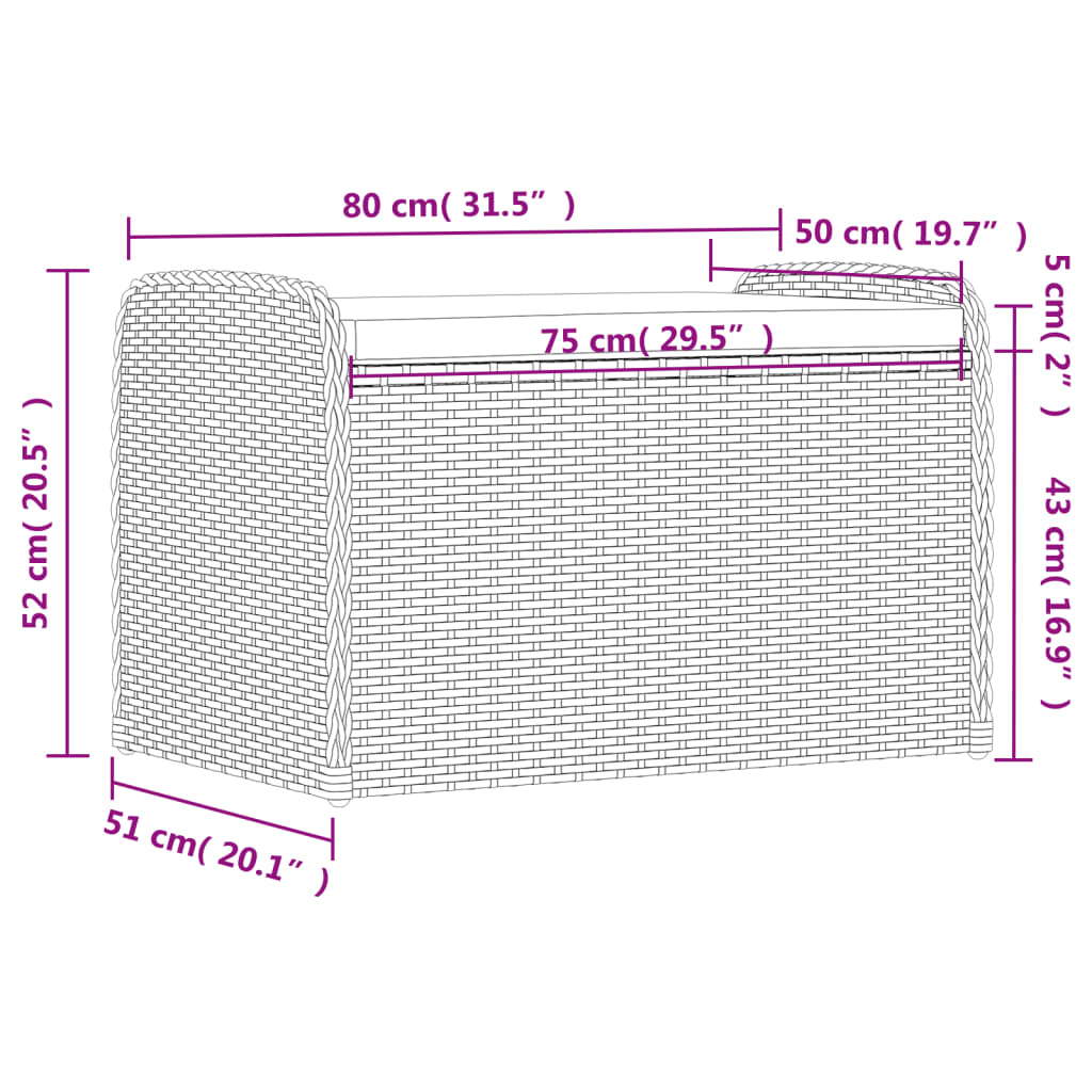Grey Poly Rattan Storage Bench with Cushion - 80x51x52 cm