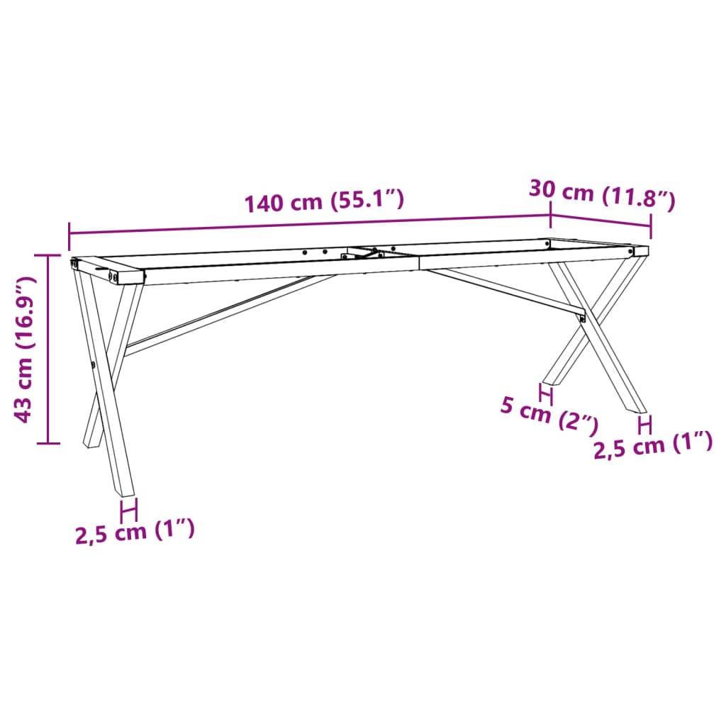 Steel X-Frame Coffee Table Legs, 140x30x43 cm - Durable Design
