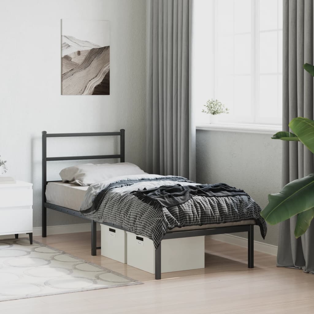 Black Metal Bed Frame with Headboard - 75x190cm, Mattress Not Included