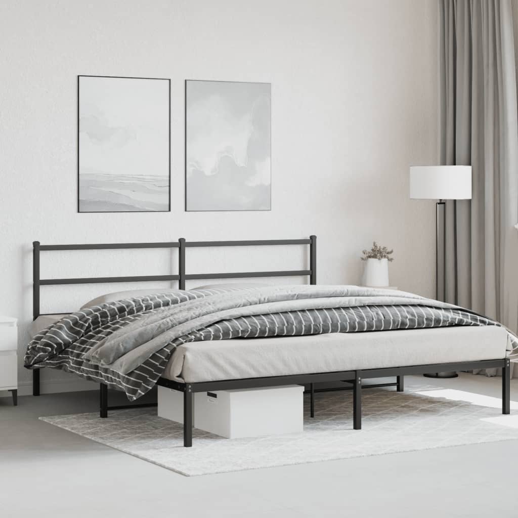 Sleek Black Metal Bed Frame with Headboard - 193x203cm