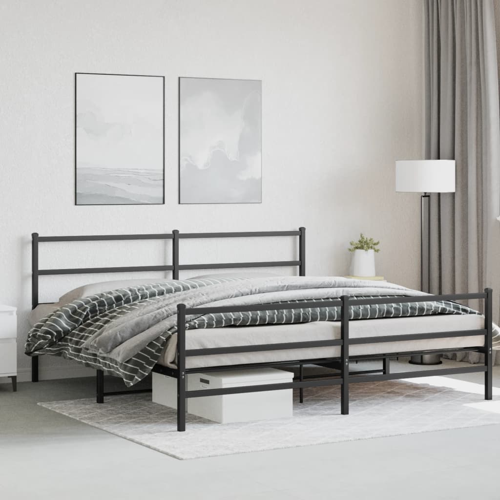 Black Metal Bed Frame with Footboard - 183x213cm, No Mattress