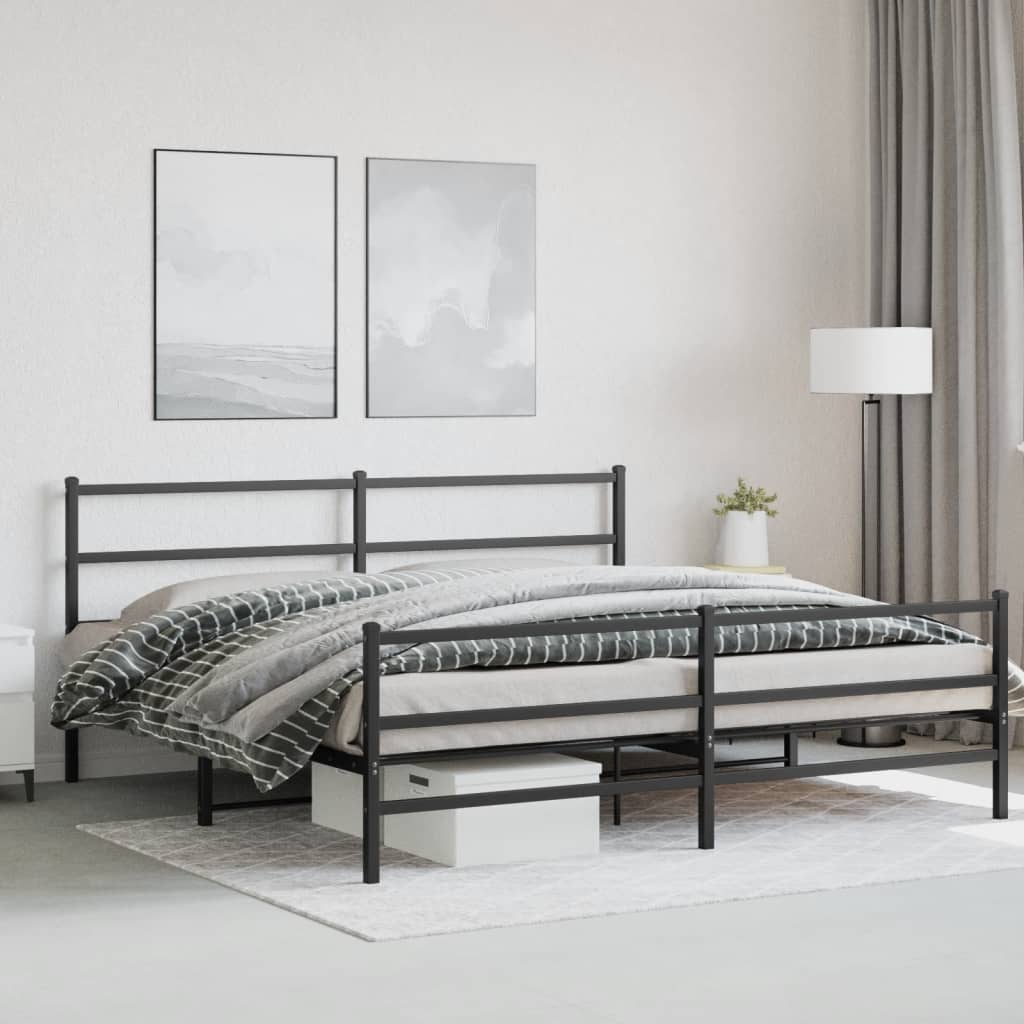 Sturdy Black Metal Bed Frame with Footboard 193x203cm – No Mattress