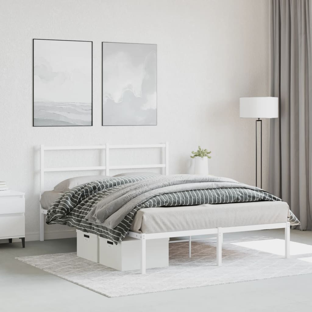 White Metal Bed Frame with Headboard - 140x200cm, Mattress Not Included