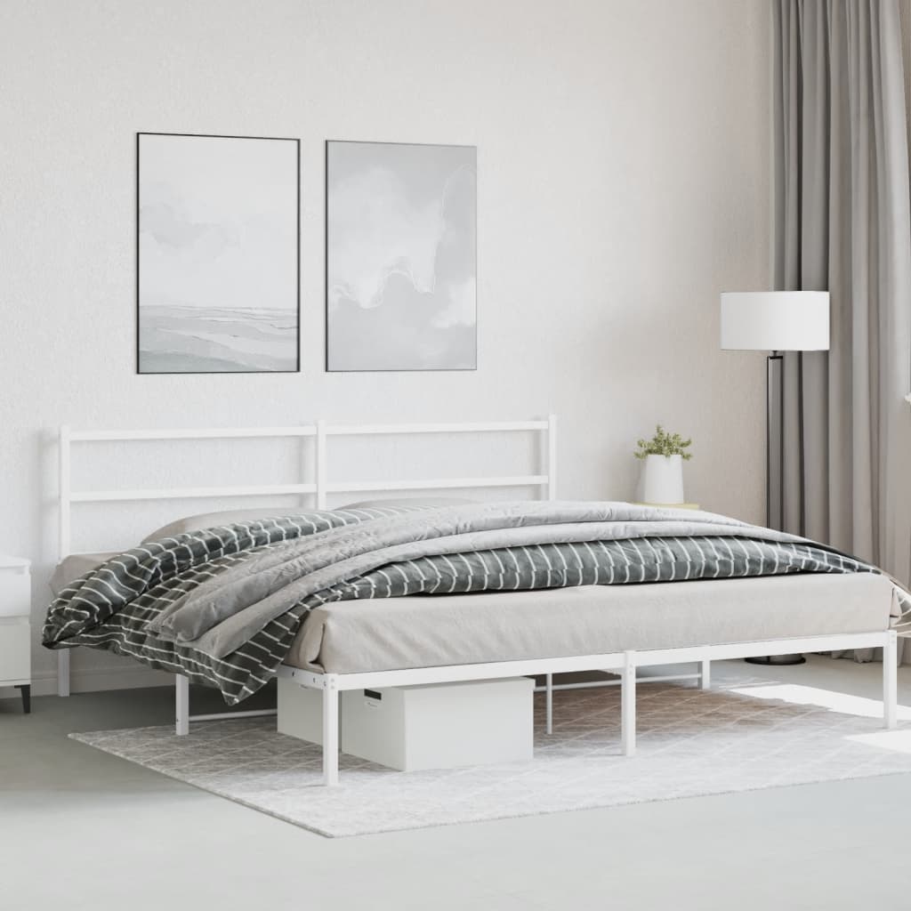 White Metal Bed Frame 200x200cm with Headboard - No Mattress