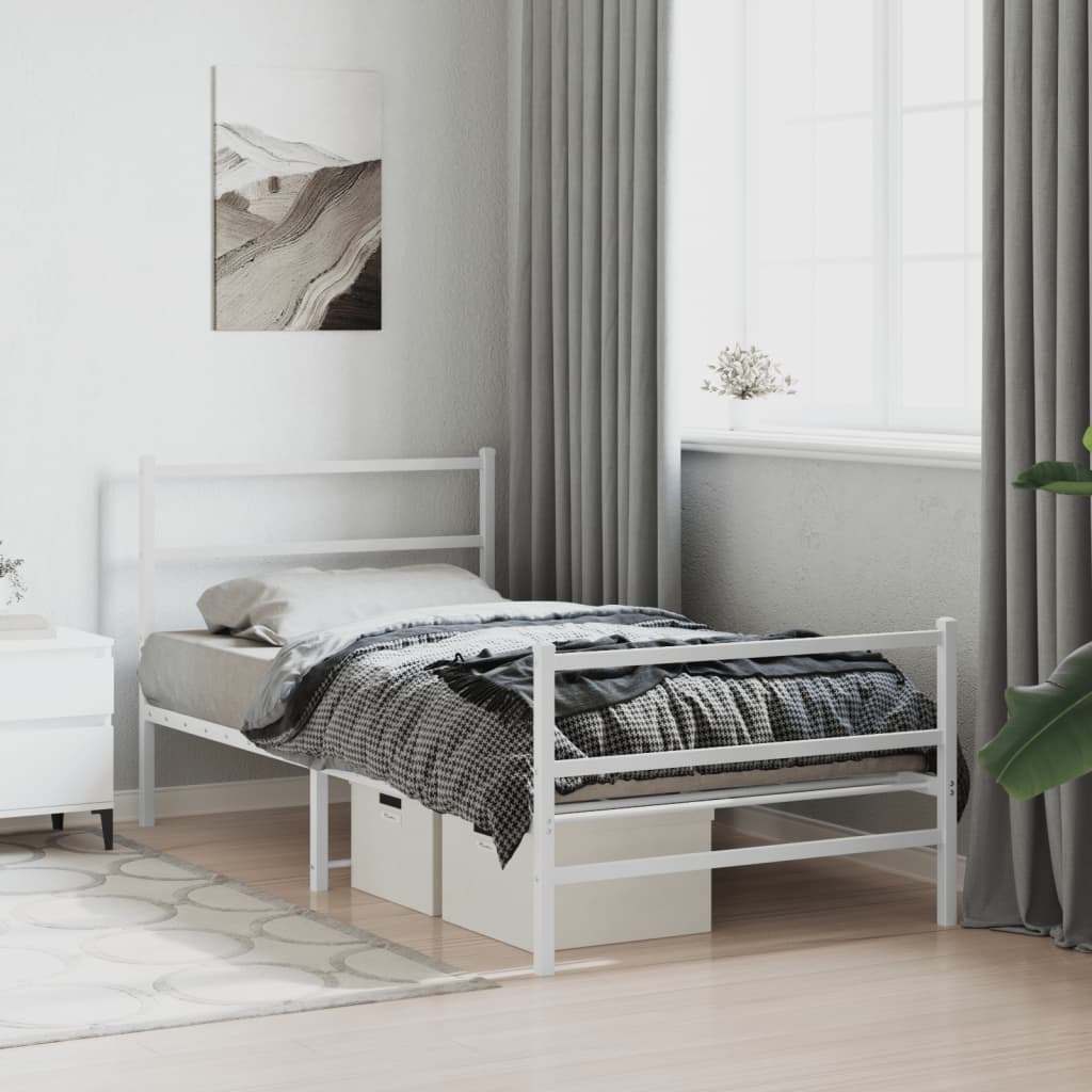 White Metal Bed Frame with Footboard - 100x190cm, No Mattress