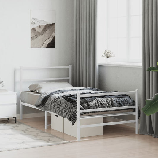 White Metal Bed Frame with Footboard - 100x190cm, No Mattress