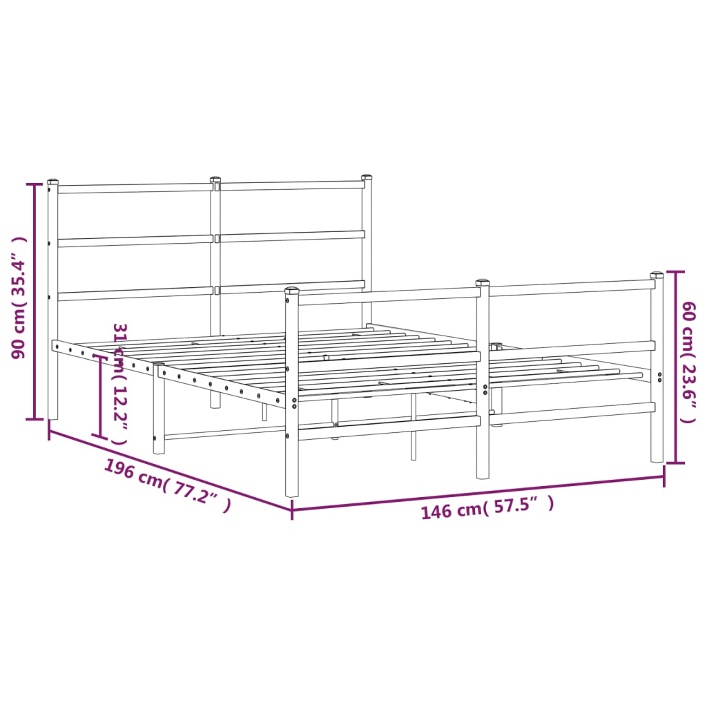 White Metal Bed Frame with Footboard, 140x190cm - No Mattress