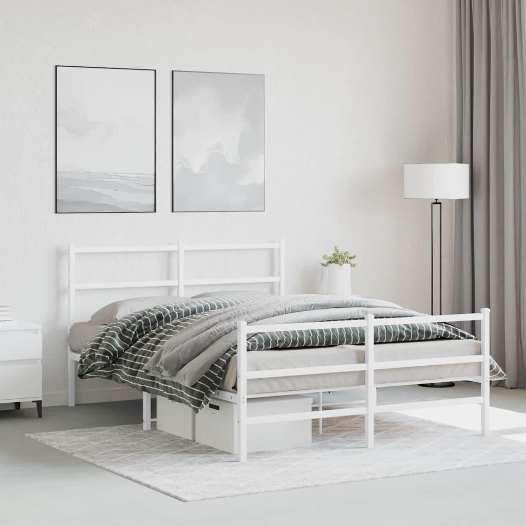 White Metal Bed Frame with Footboard, 140x190cm - No Mattress