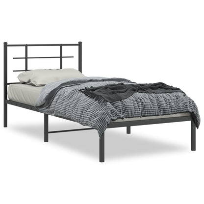 Black Metal Bed Frame with Headboard - 90x190cm, No Mattress
