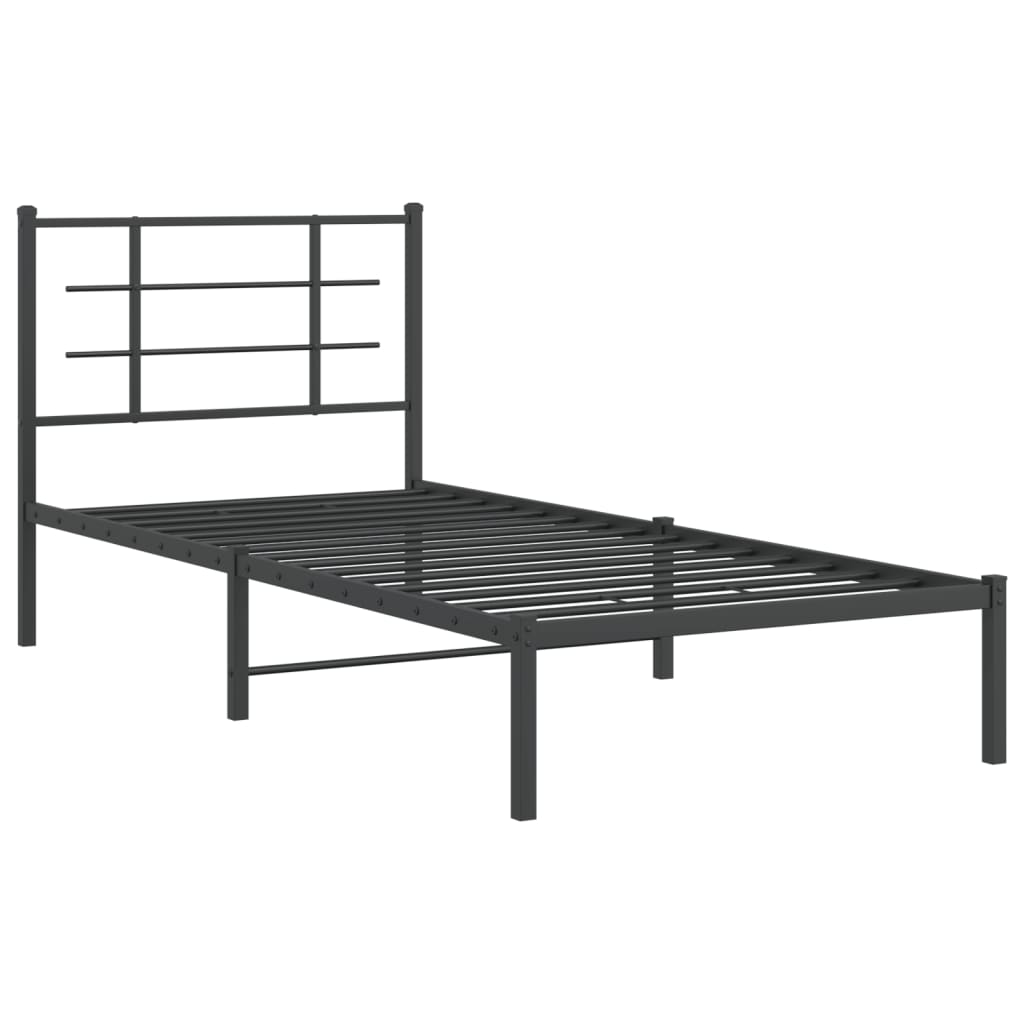 Black Metal Bed Frame with Headboard - 90x190cm, No Mattress