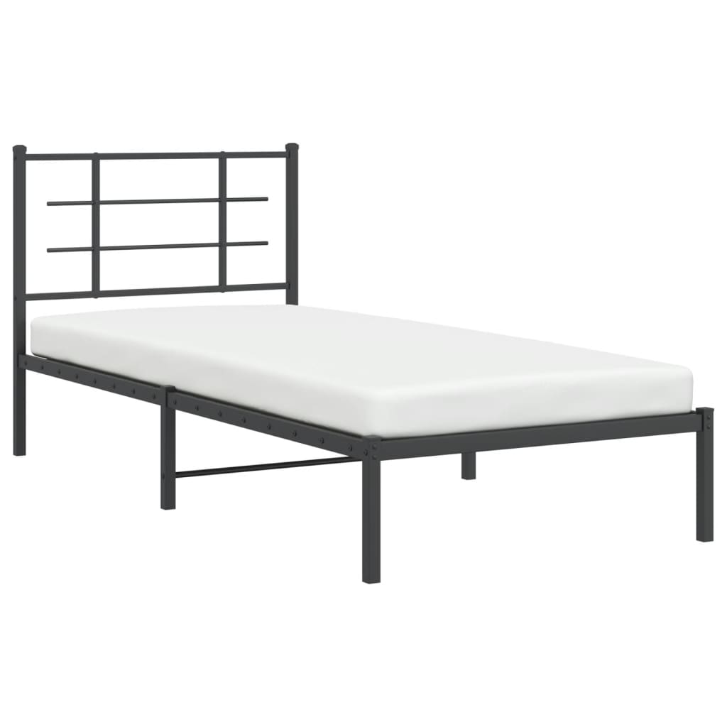 Black Metal Bed Frame with Headboard - 90x190cm, No Mattress