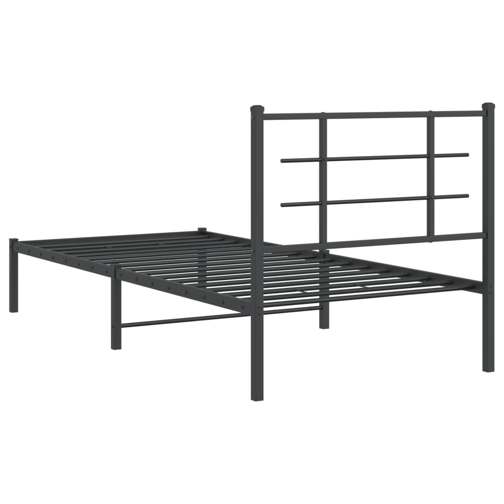 Black Metal Bed Frame with Headboard - 90x190cm, No Mattress