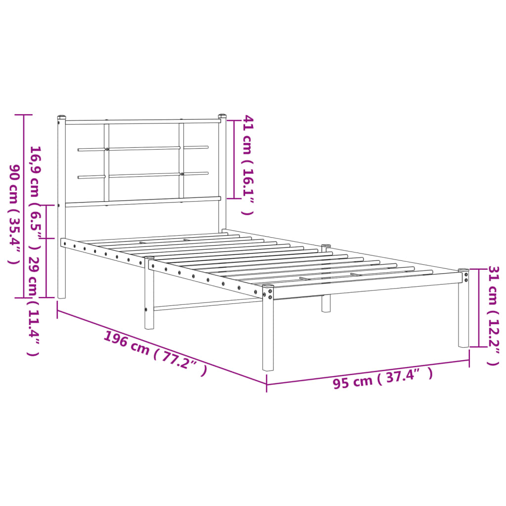 Black Metal Bed Frame with Headboard - 90x190cm, No Mattress