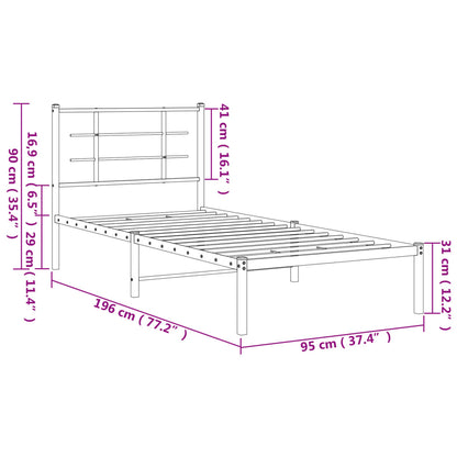 Black Metal Bed Frame with Headboard - 90x190cm, No Mattress