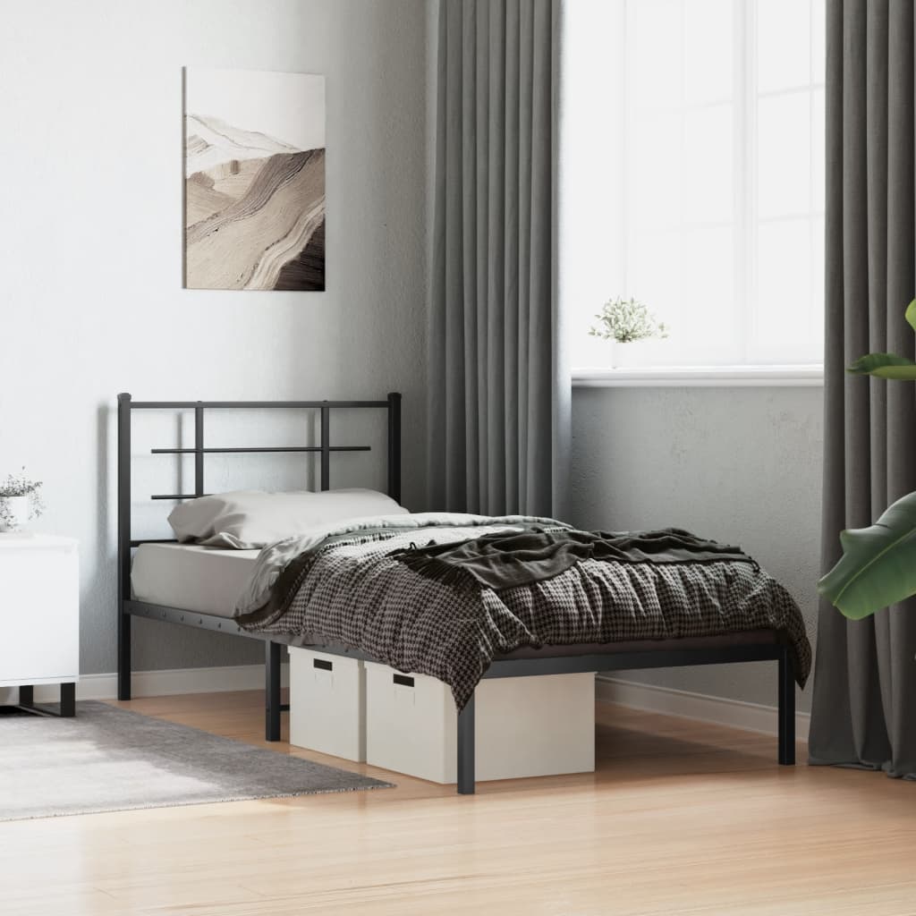 Black Metal Bed Frame with Headboard - 90x190cm, No Mattress